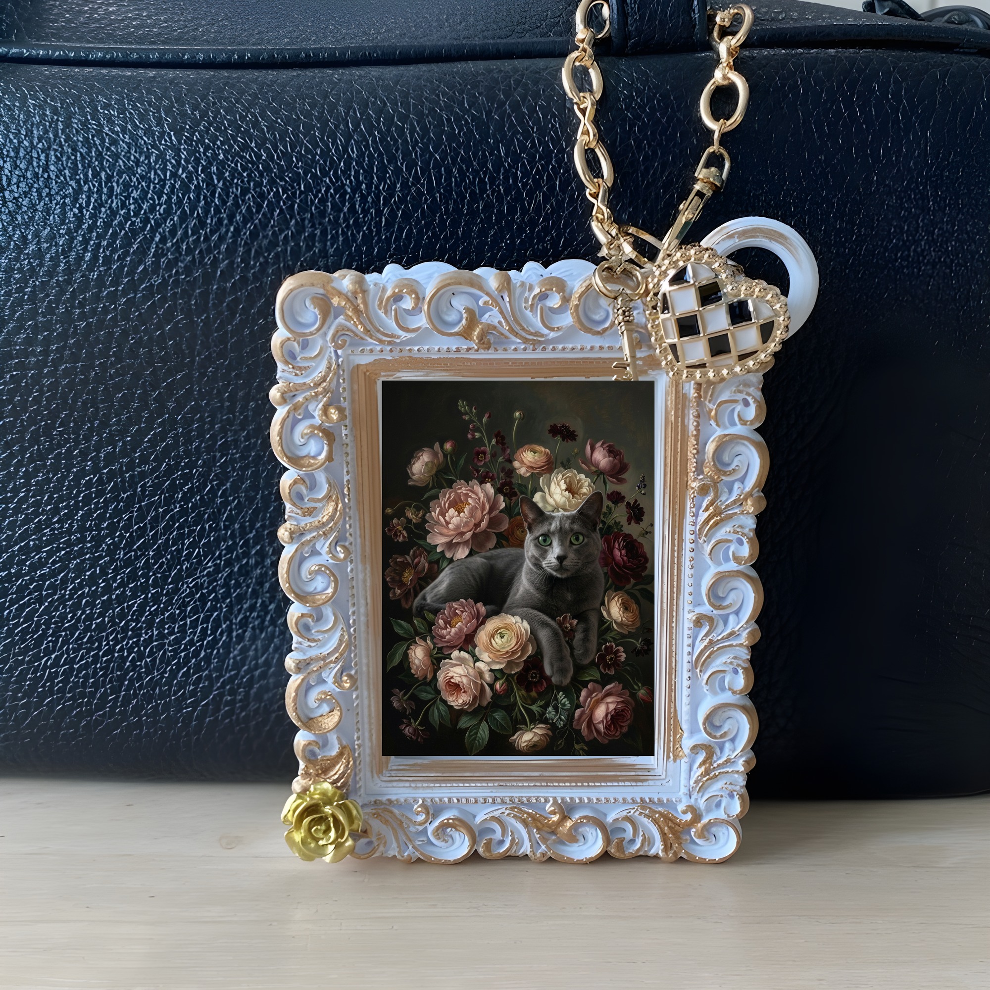 ロシアンブルーの花の油絵風アート花柄バッグチャーム(ホワイト)(3枚目)