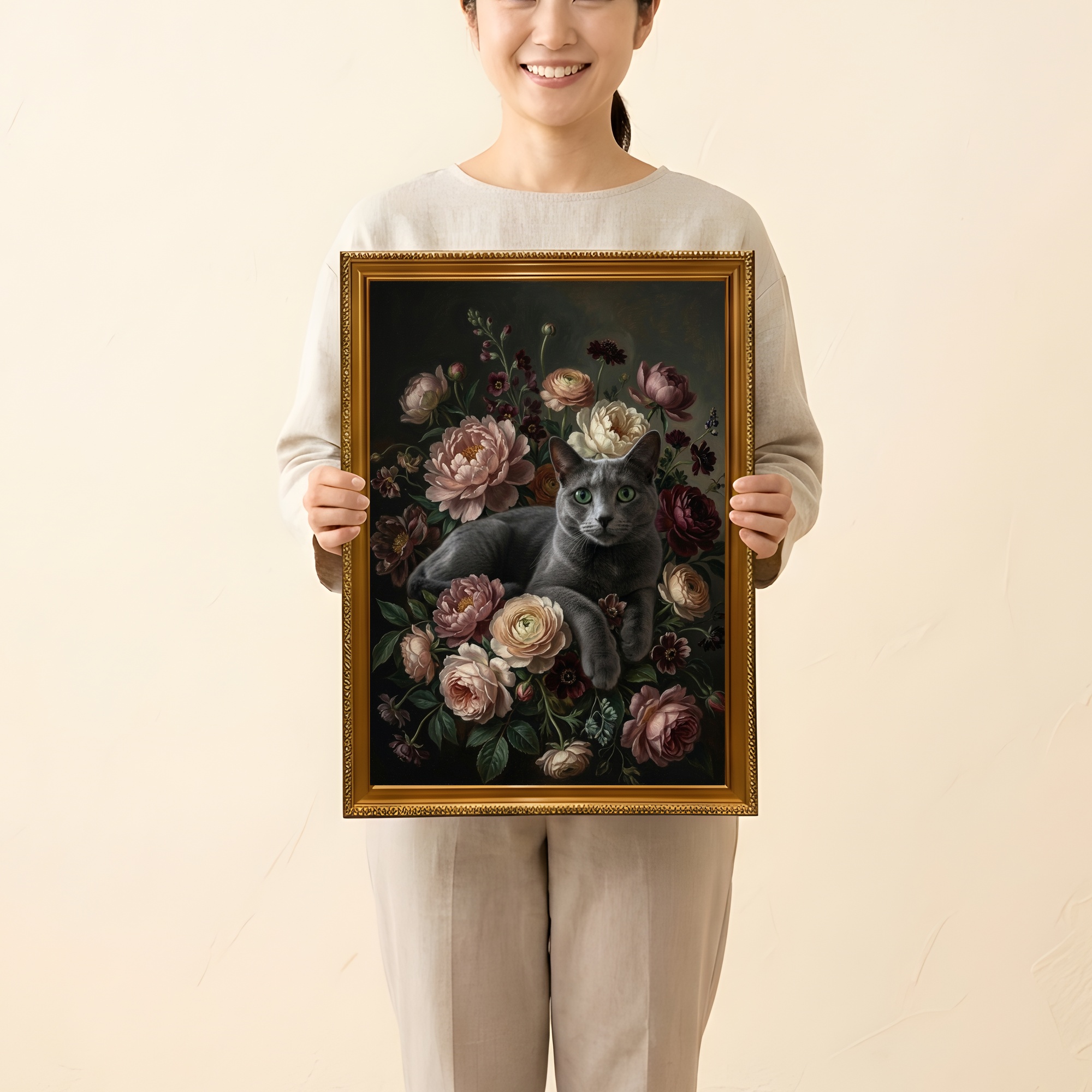 ロシアンブルーの花の油絵風アート花柄額装プリント(A3サイズ)(2枚目)