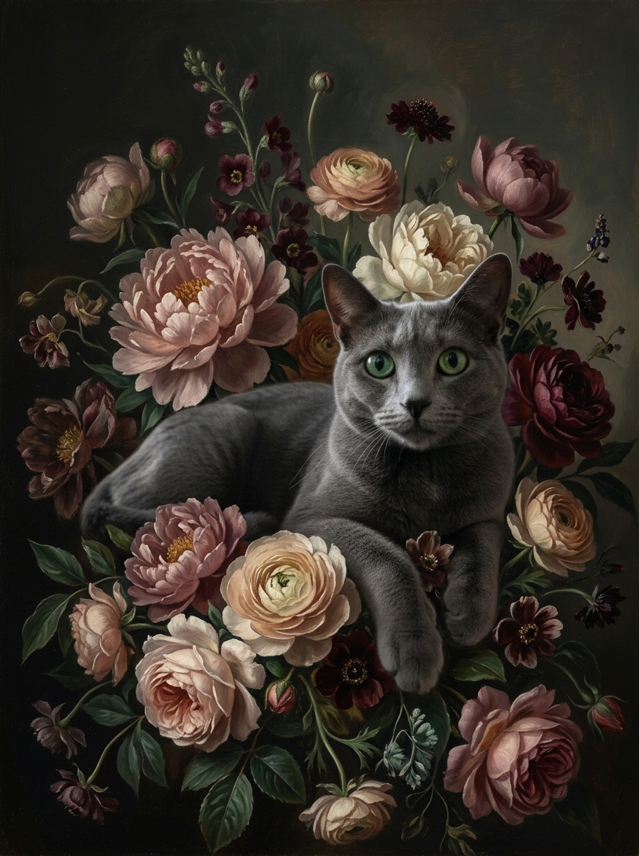 ロシアンブルーの花の油絵風アート花柄額装プリント(A3サイズ)(4枚目)