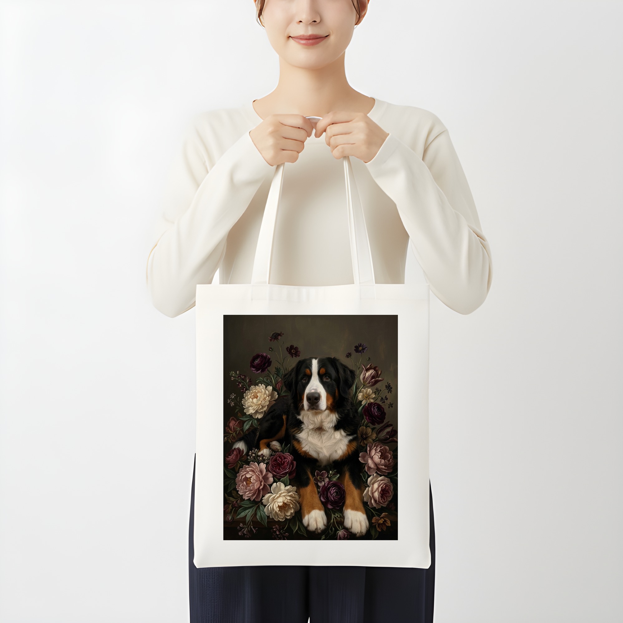 バーニーズマウンテンドッグの花の油絵風アート花柄トートバッグ(3枚目)