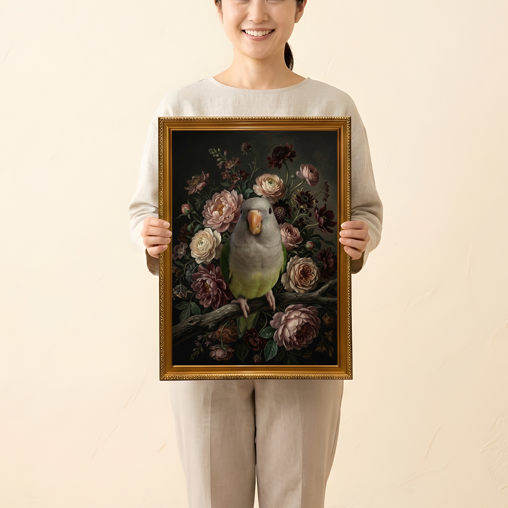オキナインコの花の油絵風アート花柄額装プリント（A3サイズ）（2枚目）
