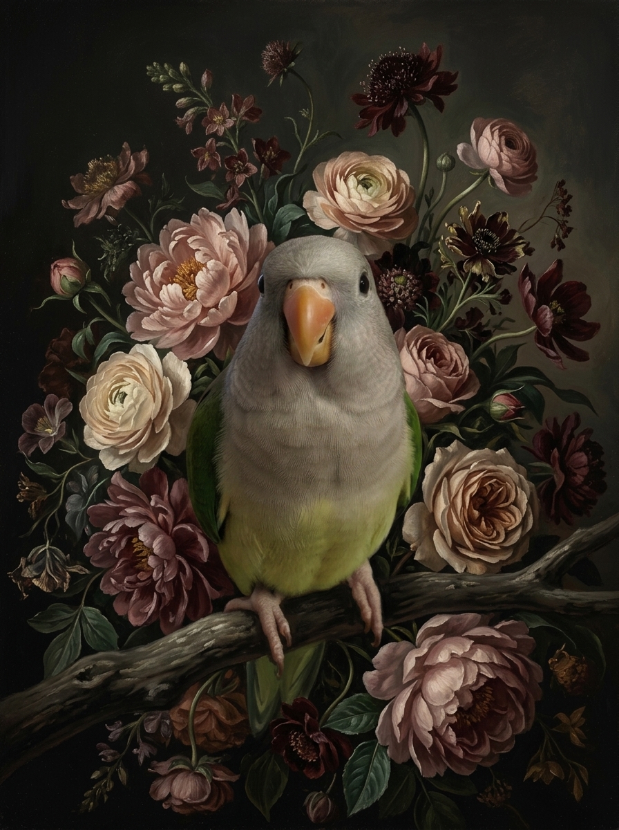 オキナインコの花の油絵風アート花柄額装プリント（A3サイズ）（4枚目）