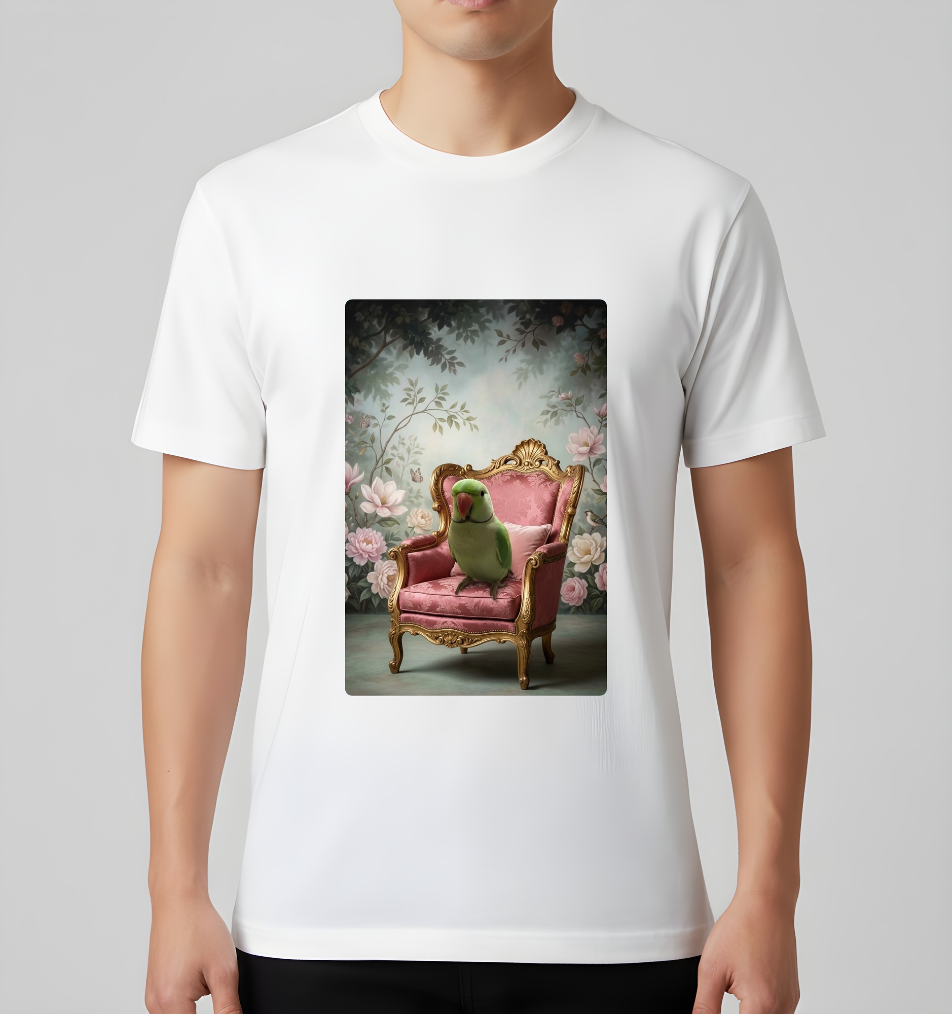 インドオオハナインコのシャビーピンクの油絵風アートロココ調Tシャツ(ホワイト)(3枚目)