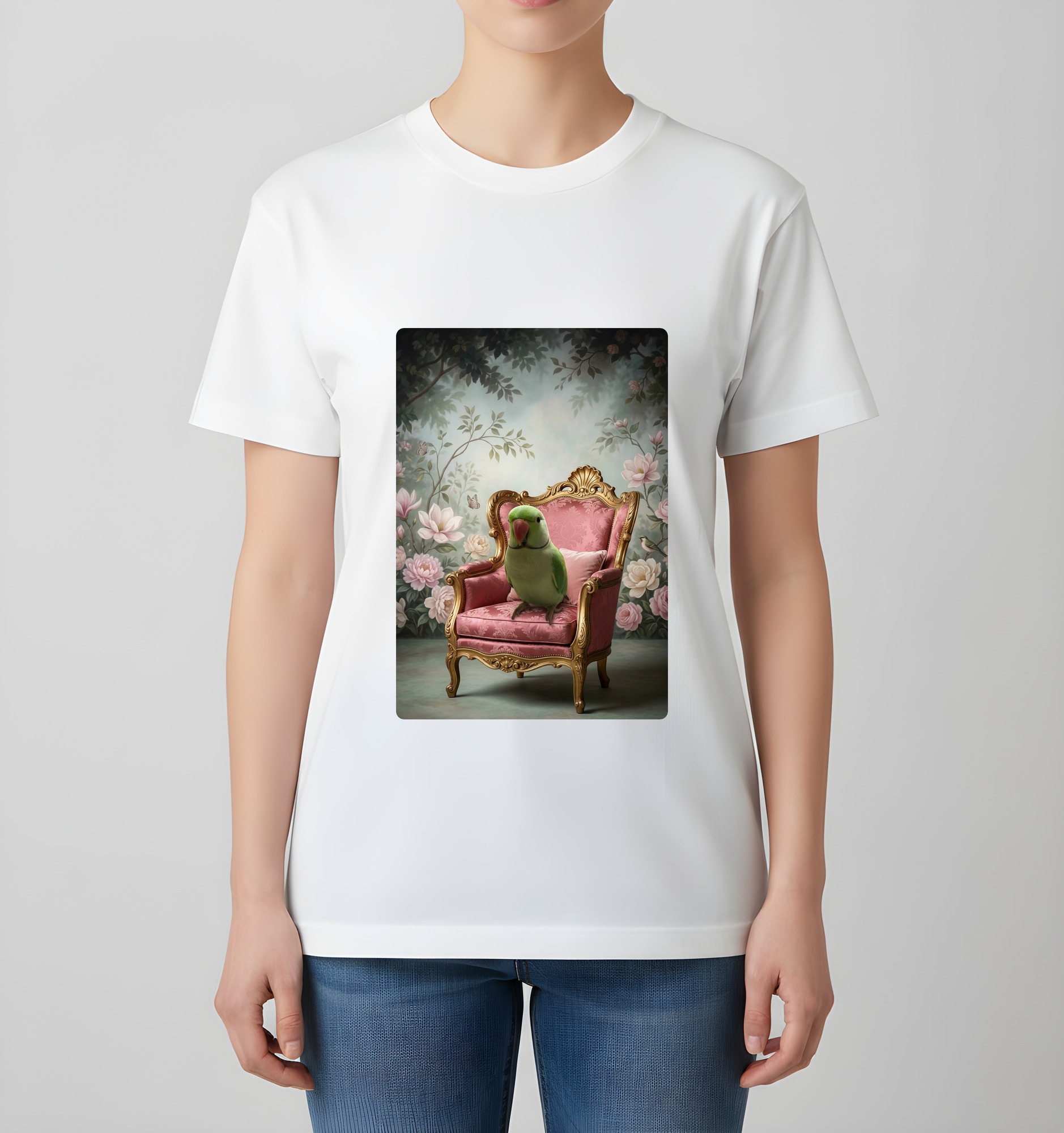 インドオオハナインコのシャビーピンクの油絵風アートロココ調Tシャツ(ホワイト)(4枚目)
