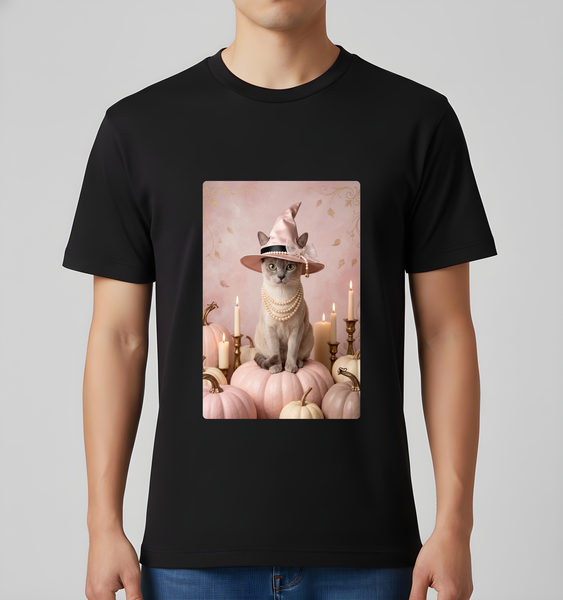 バーミーズのかぼちゃとキャンドルの油絵風アートハロウィンTシャツ（ブラック）（3枚目）