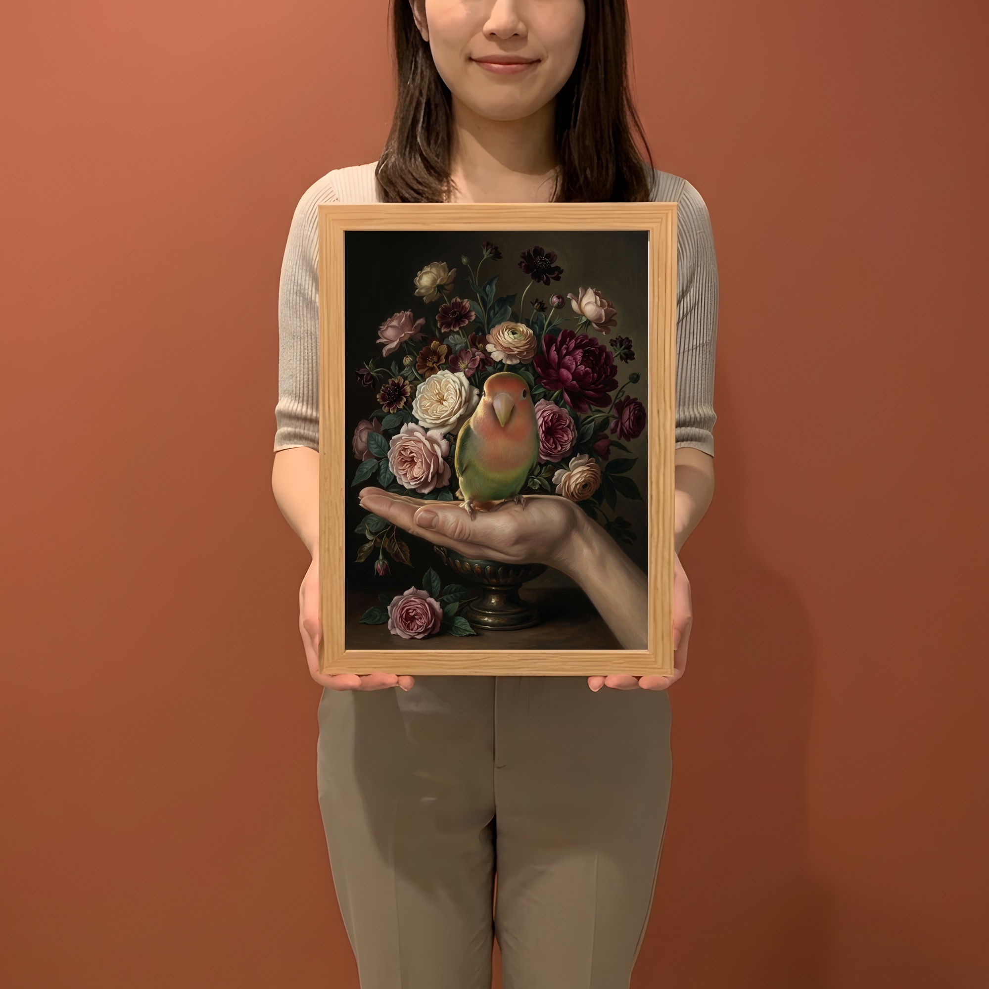 コザクラインコの花の油絵風アート花柄額装プリント（A4サイズ）（2枚目）