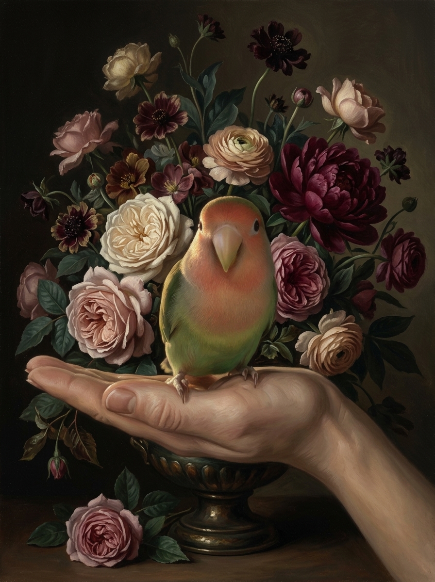 コザクラインコの花の油絵風アート花柄額装プリント（A4サイズ）（4枚目）