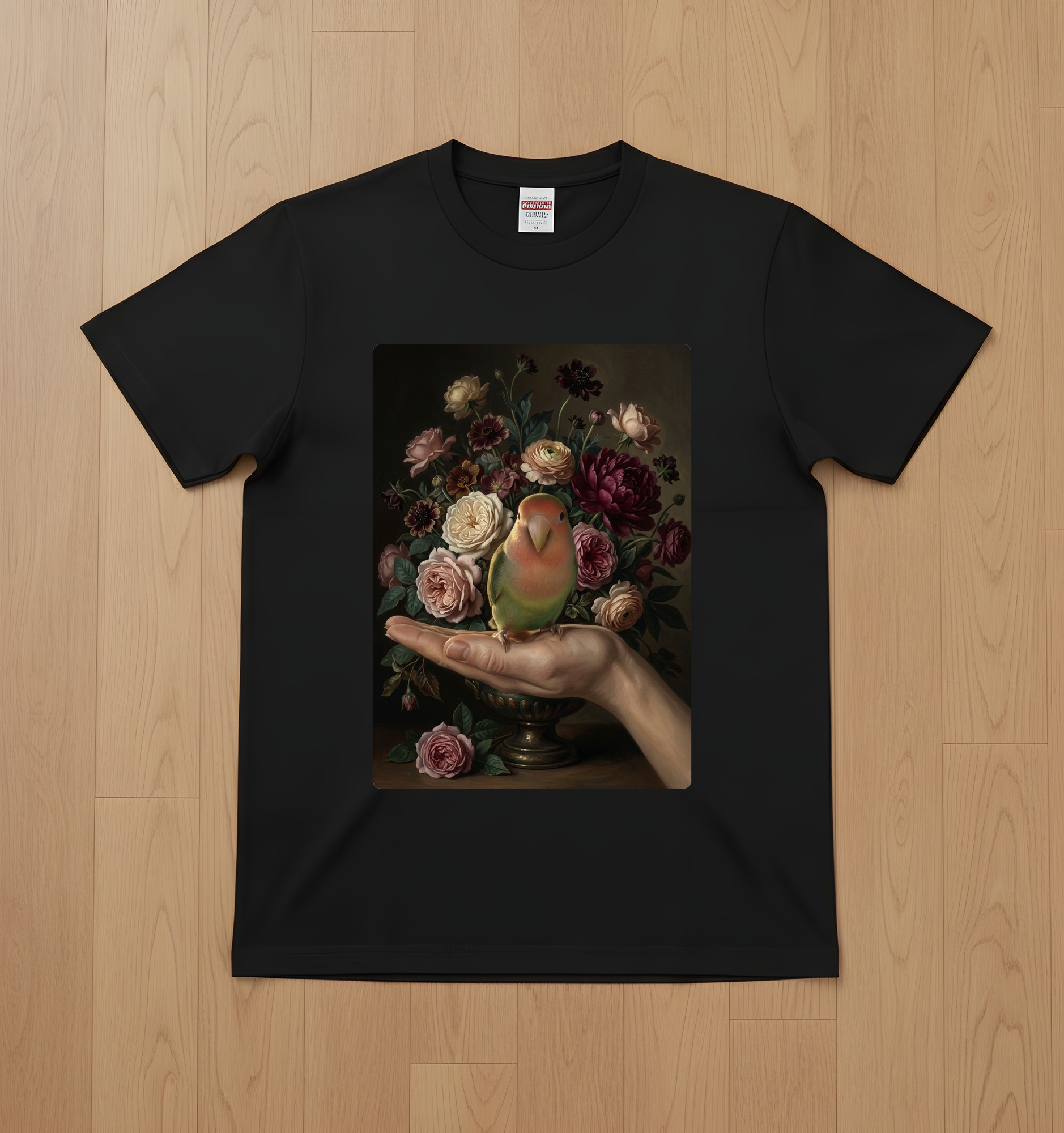 コザクラインコの花の油絵風アート花柄Tシャツ(ブラック)