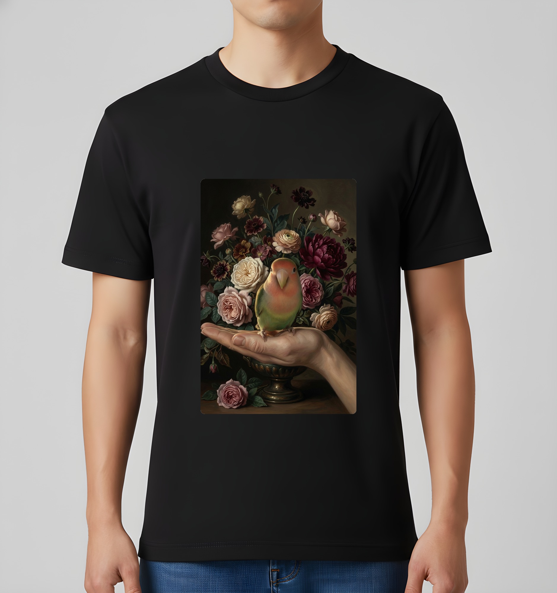 コザクラインコの花の油絵風アート花柄Tシャツ(ブラック)(3枚目)