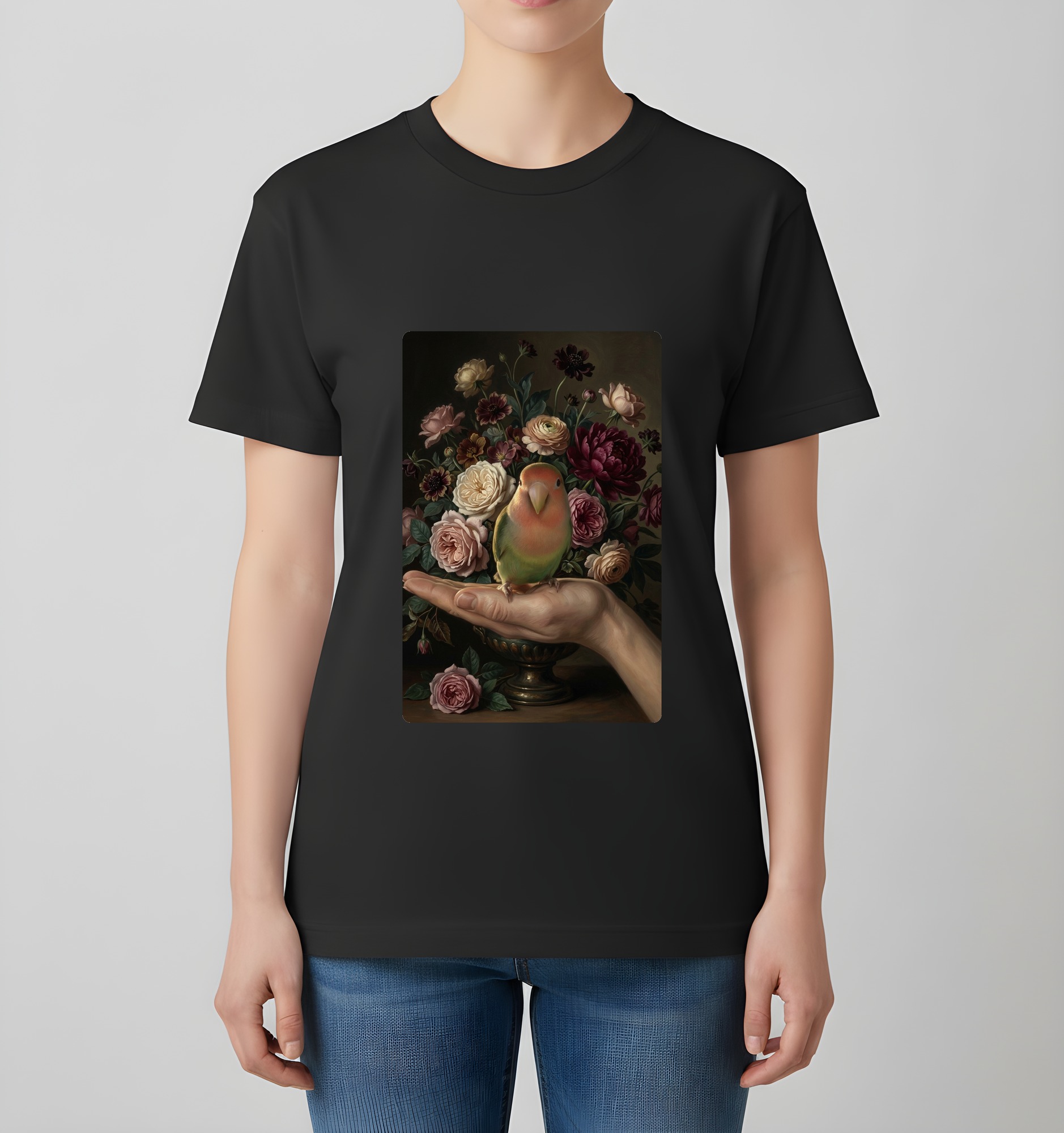 コザクラインコの花の油絵風アート花柄Tシャツ(ブラック)(4枚目)