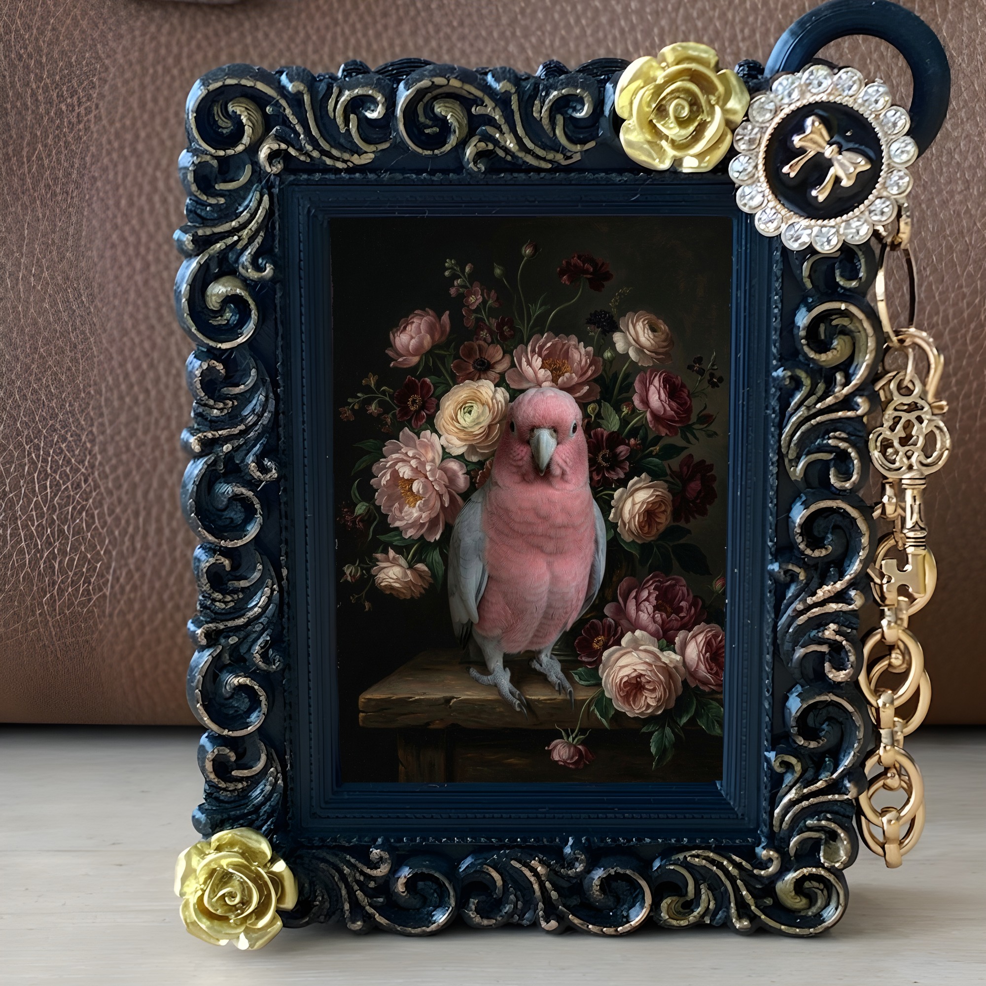 モモイロインコの花の油絵風アート花柄バッグチャーム(ブラック)(2枚目)