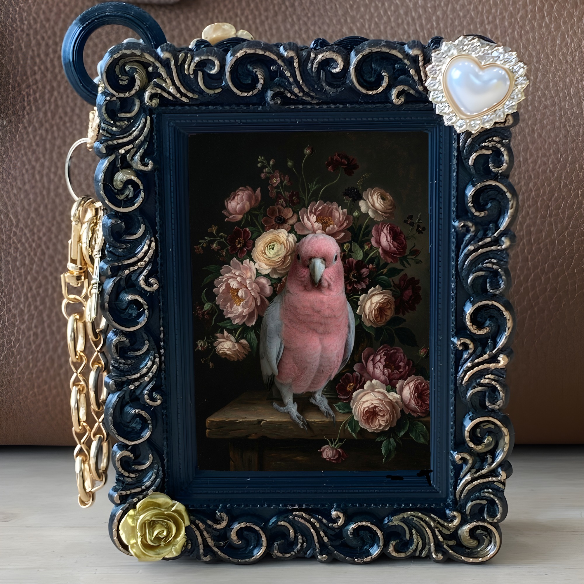 モモイロインコの花の油絵風アート花柄バッグチャーム(ブラック)(5枚目)