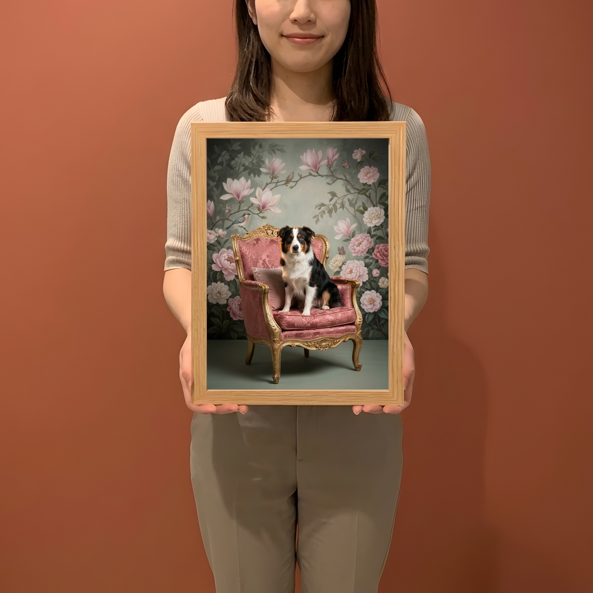 ボーダーコリーのシャビーピンクの油絵風アートロココ調額装プリント(A4サイズ)(2枚目)