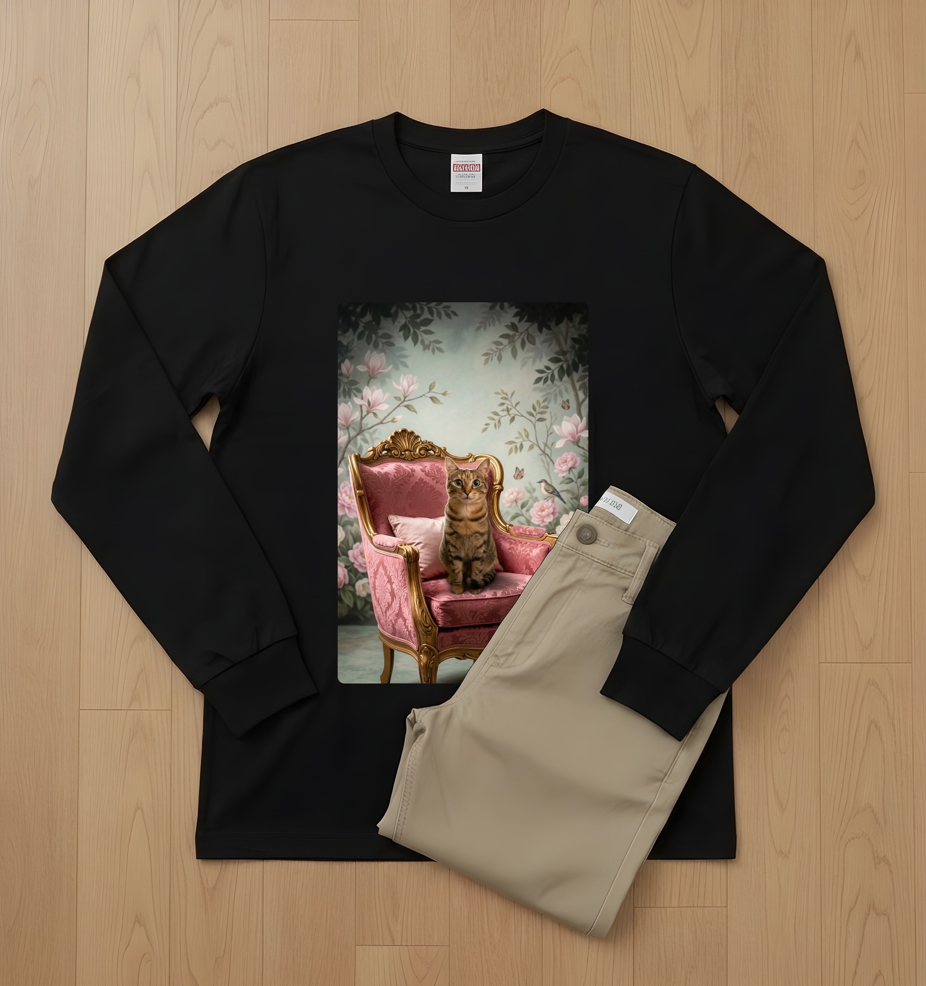 猫のシャビーピンクの油絵風アートロココ調長袖Tシャツ(ブラック)(2枚目)