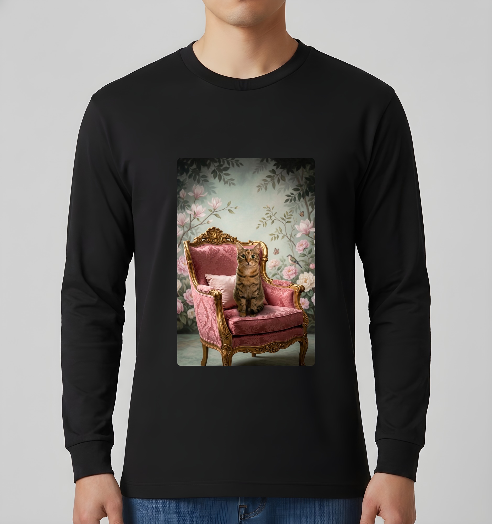 猫のシャビーピンクの油絵風アートロココ調長袖Tシャツ(ブラック)(3枚目)
