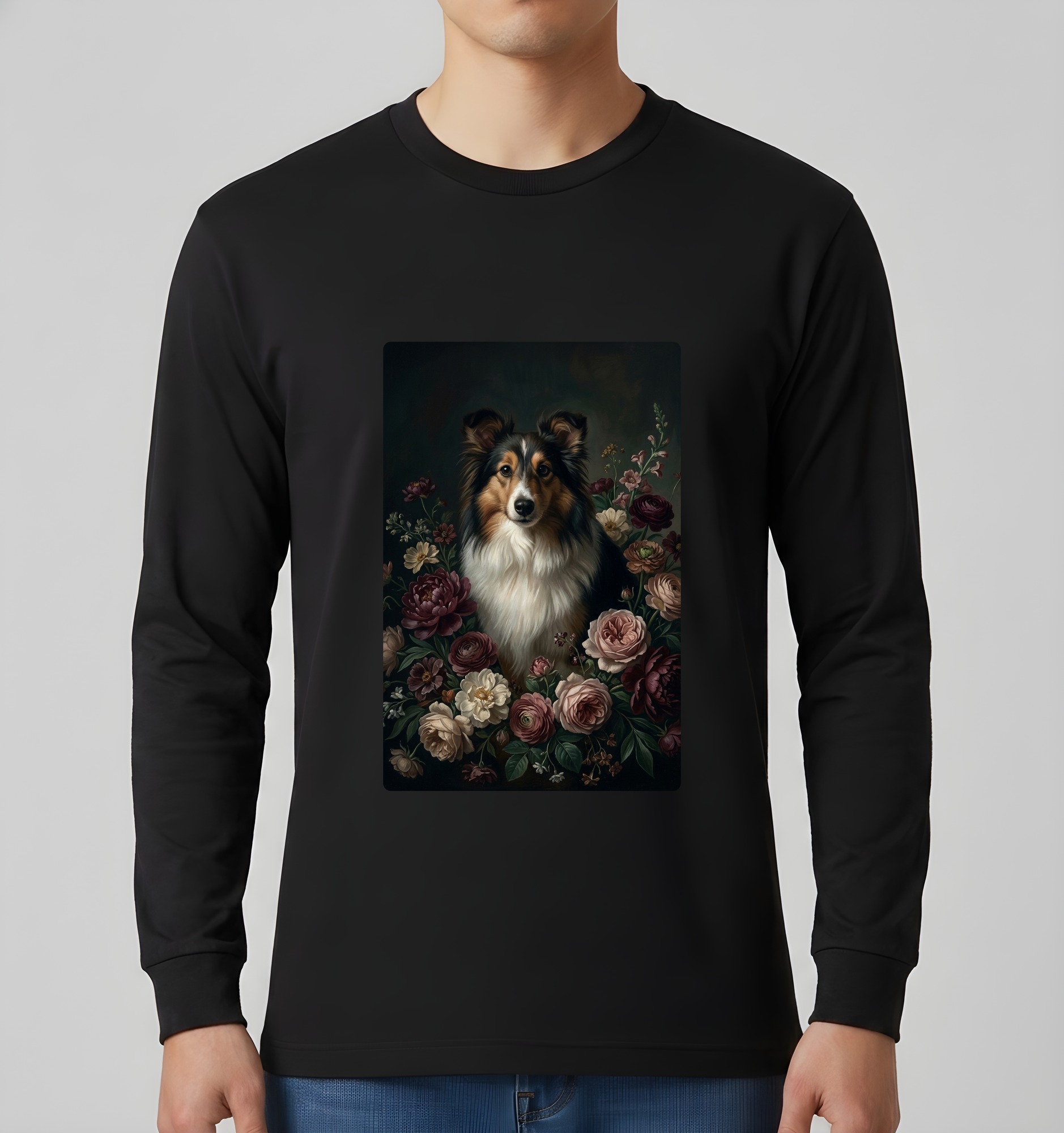 シェットランドシープドッグの花の油絵風アート花柄長袖Tシャツ（ブラック）（3枚目）