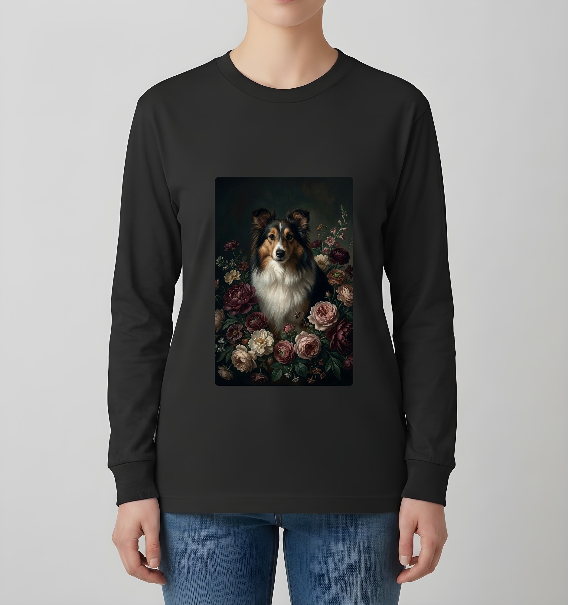 シェットランドシープドッグの花の油絵風アート花柄長袖Tシャツ（ブラック）（4枚目）