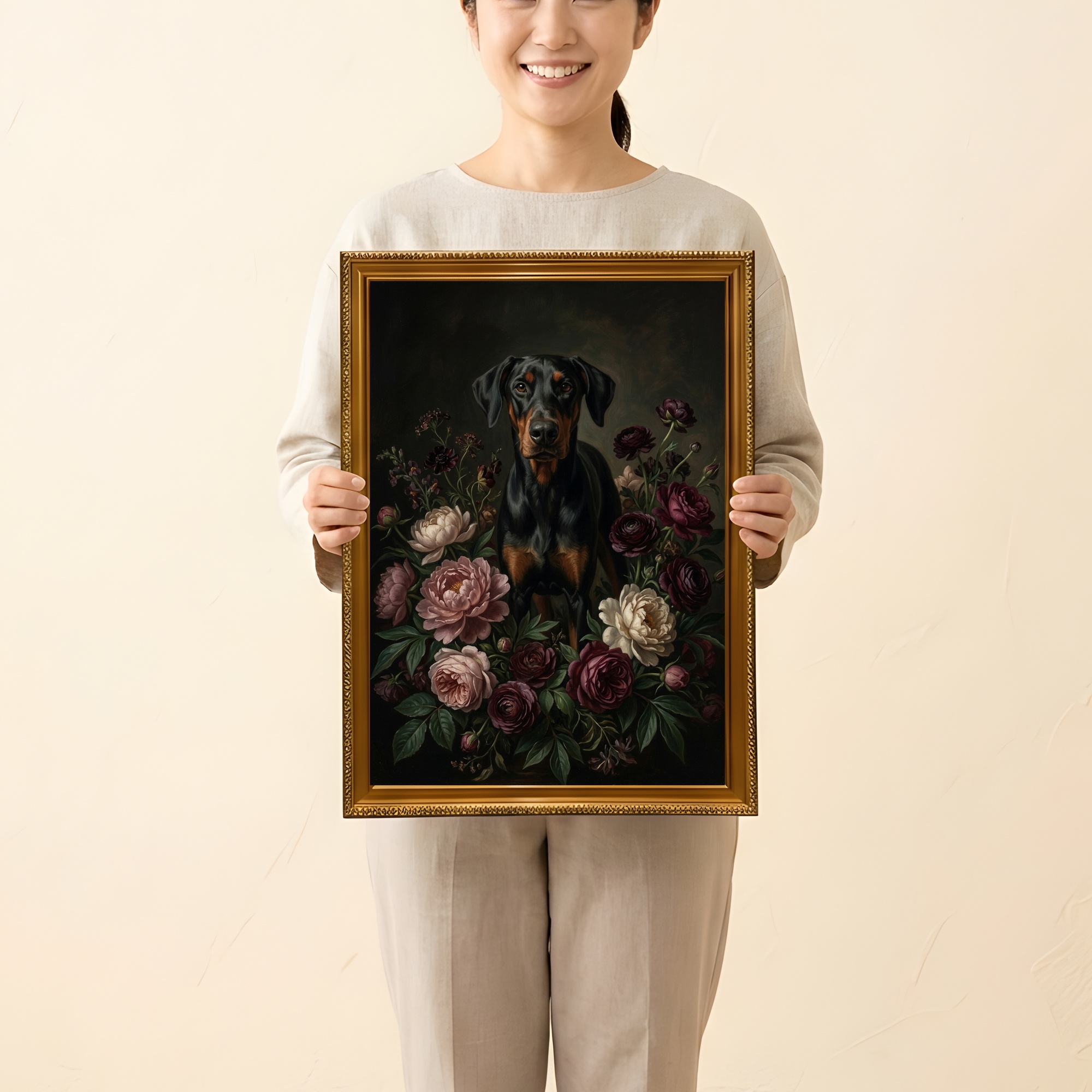 ドーベルマンの花の油絵風アート花柄額装プリント（A3サイズ）（2枚目）