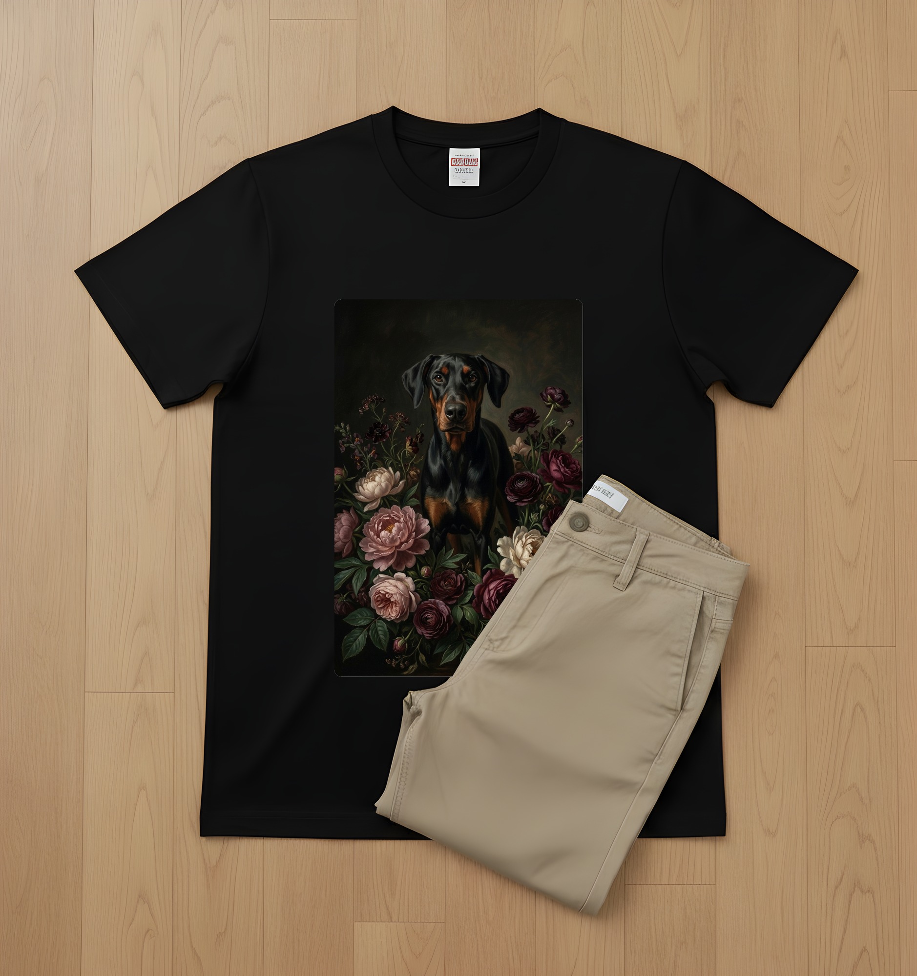 ドーベルマンの花の油絵風アート花柄Tシャツ（ブラック）（2枚目）