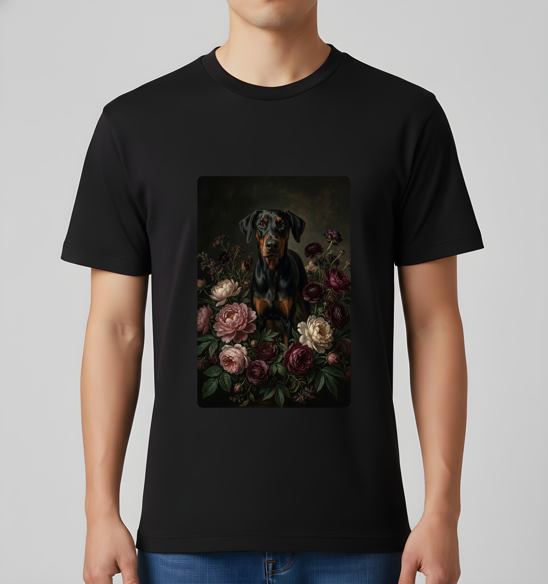 ドーベルマンの花の油絵風アート花柄Tシャツ（ブラック）（3枚目）