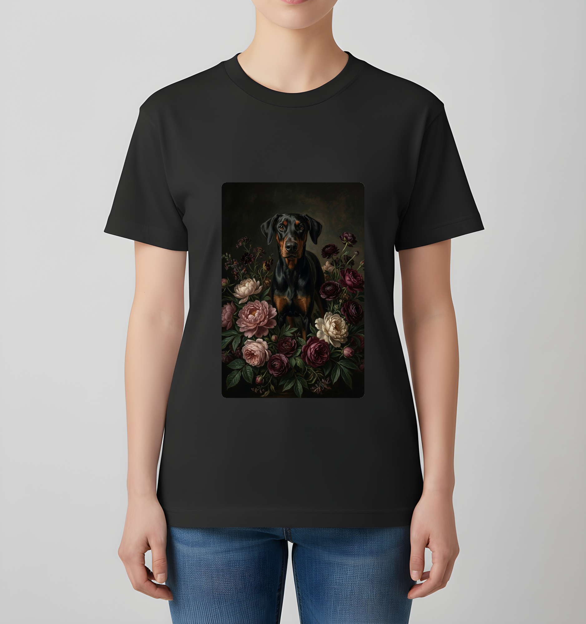 ドーベルマンの花の油絵風アート花柄Tシャツ（ブラック）（4枚目）