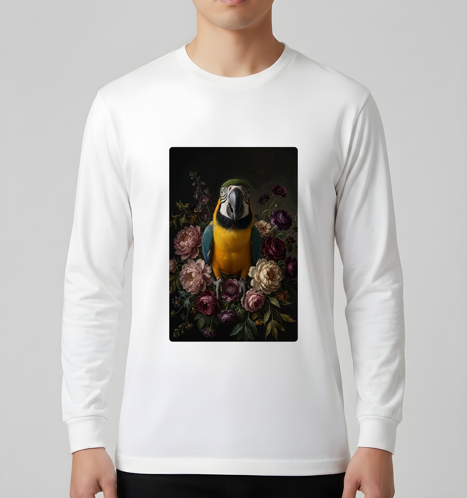 ルリコンゴウインコの花の油絵風アート花柄長袖Tシャツ（ホワイト）（3枚目）