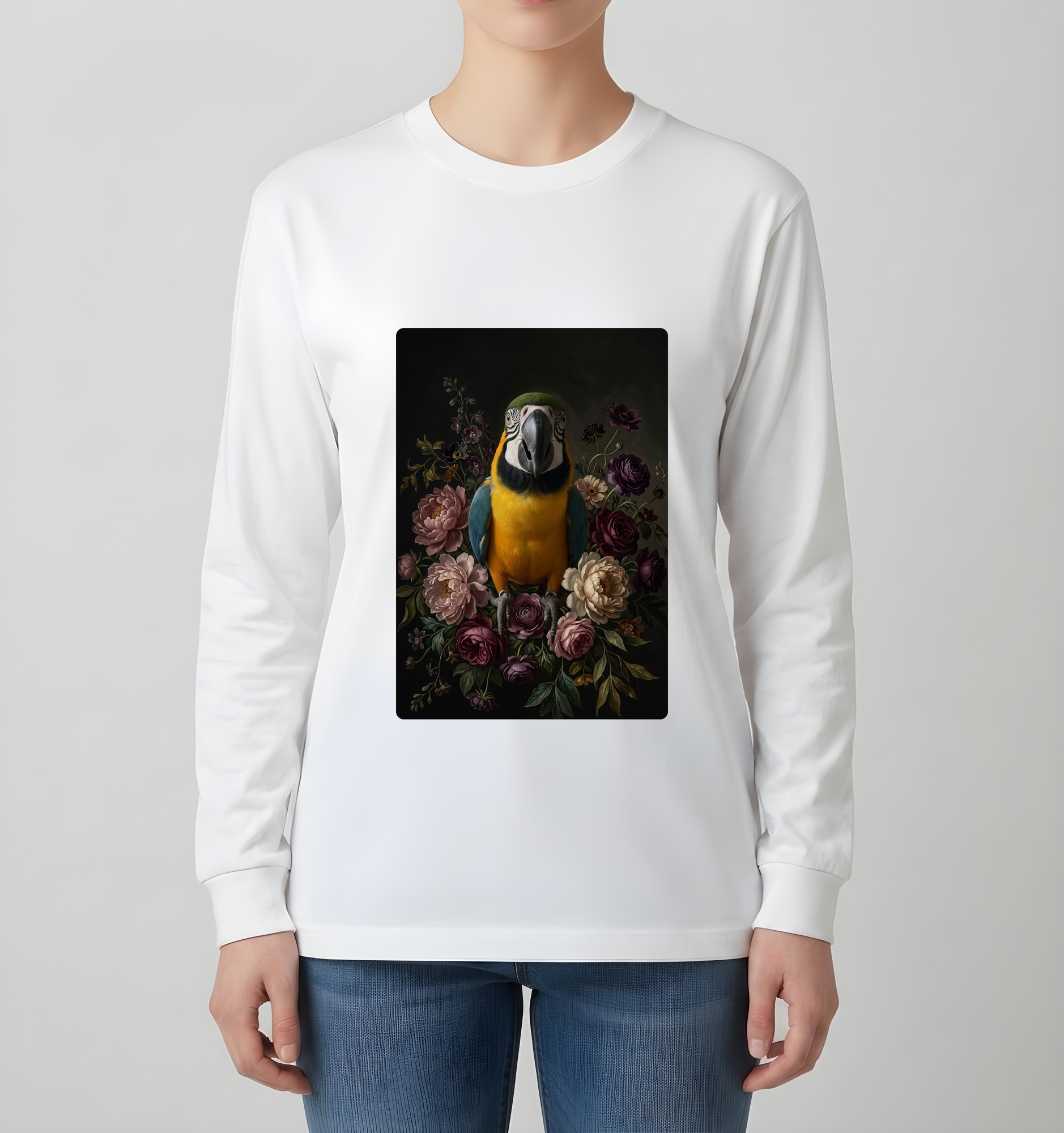 ルリコンゴウインコの花の油絵風アート花柄長袖Tシャツ（ホワイト）（4枚目）