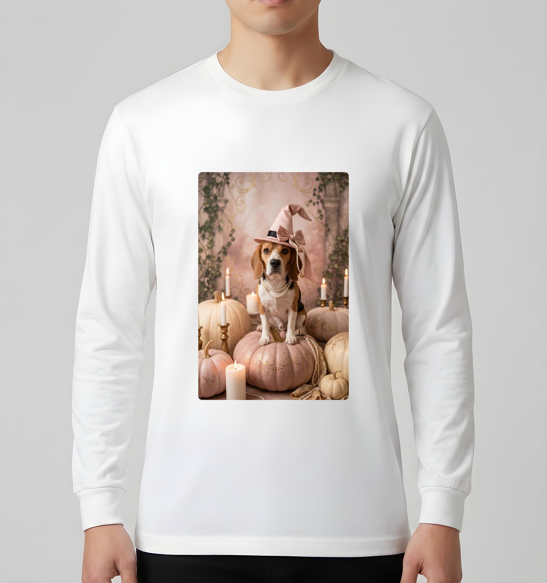 ビーグルのかぼちゃとキャンドルの油絵風アートハロウィン長袖Tシャツ（ホワイト）（3枚目）