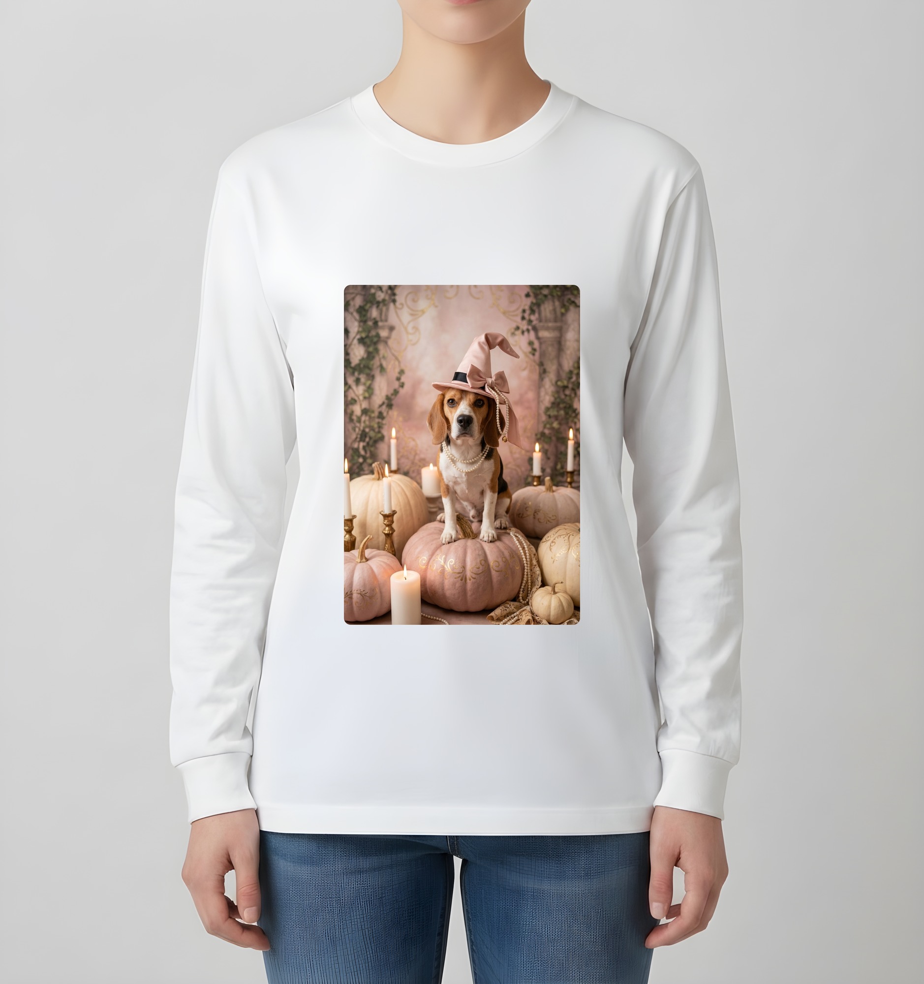 ビーグルのかぼちゃとキャンドルの油絵風アートハロウィン長袖Tシャツ（ホワイト）（4枚目）