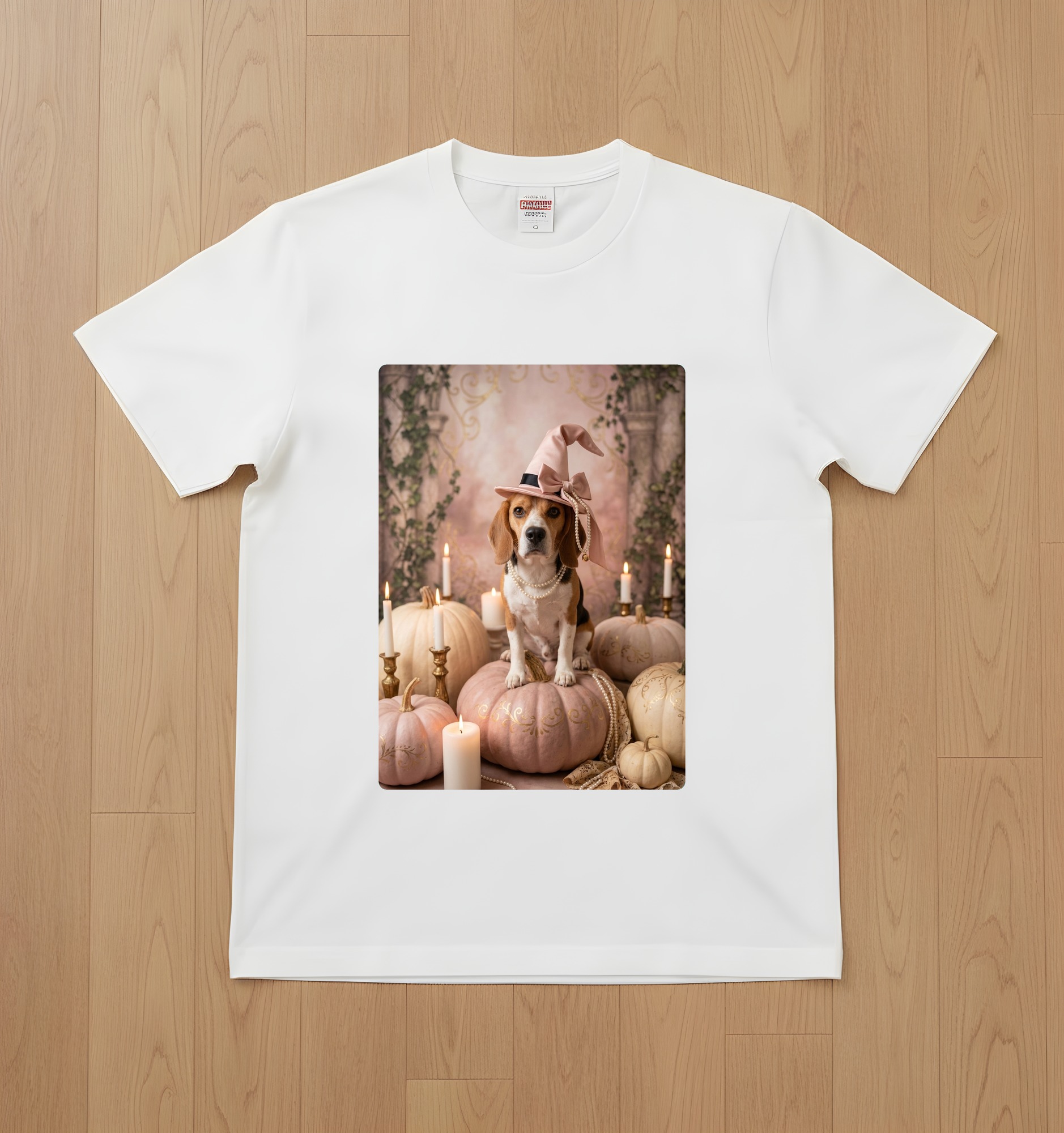 ビーグルのかぼちゃとキャンドルの油絵風アートハロウィンTシャツ(ホワイト)